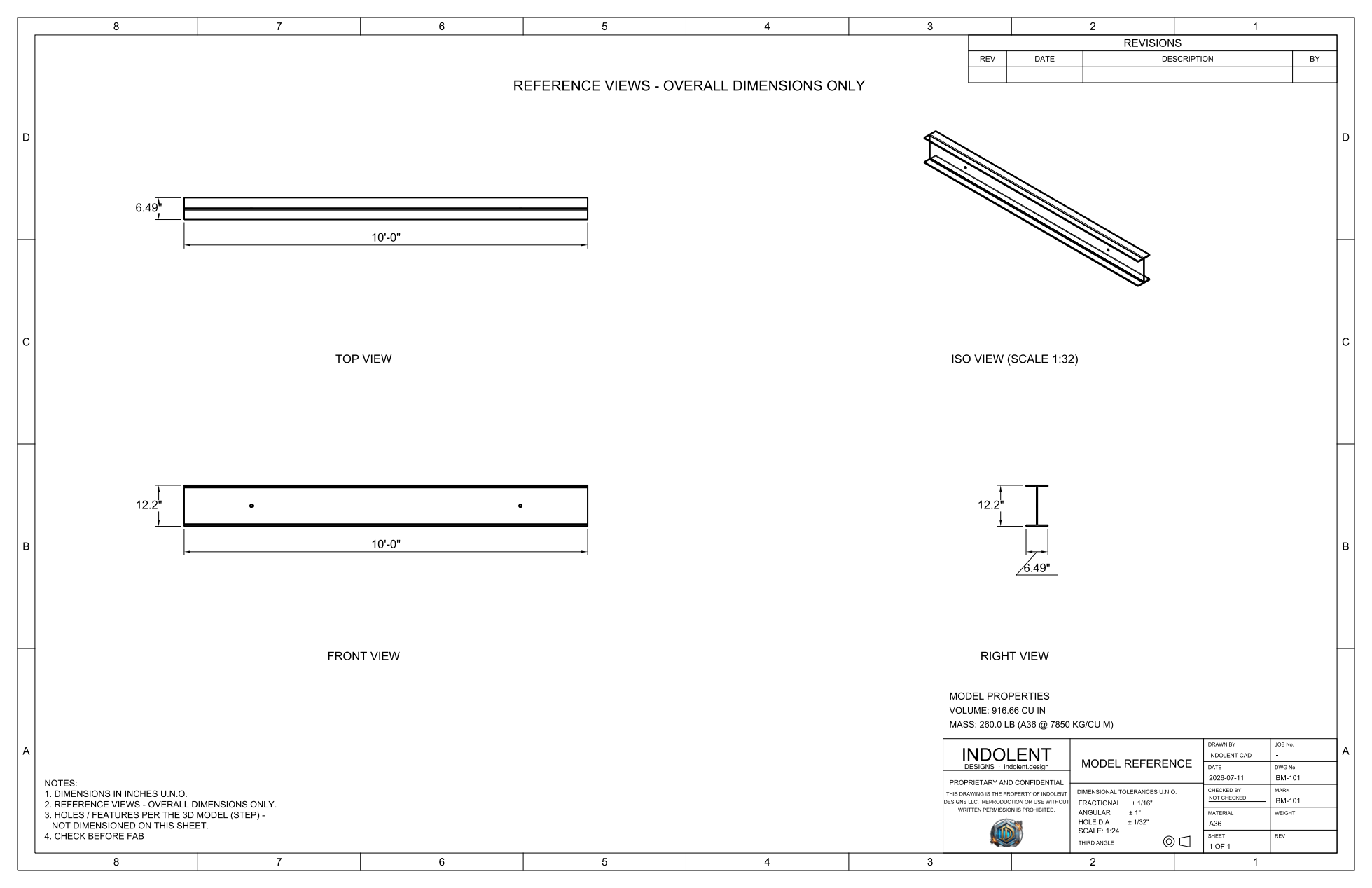BM-101 shop drawing sheet generated from the 3D model