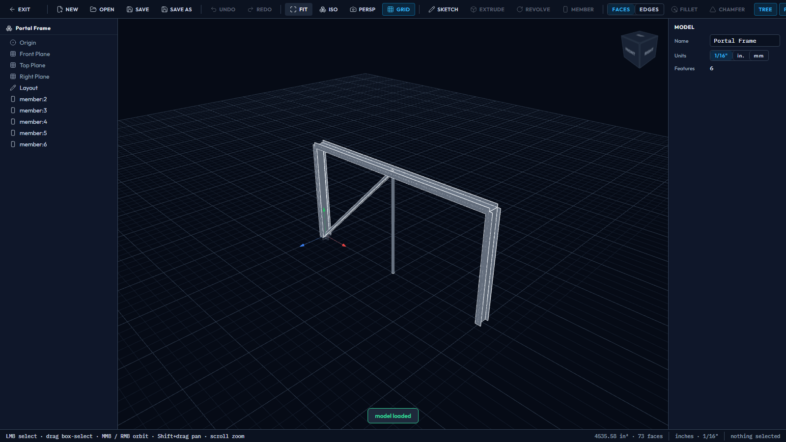 Portal frame of W-shape members in the MODEL workspace
