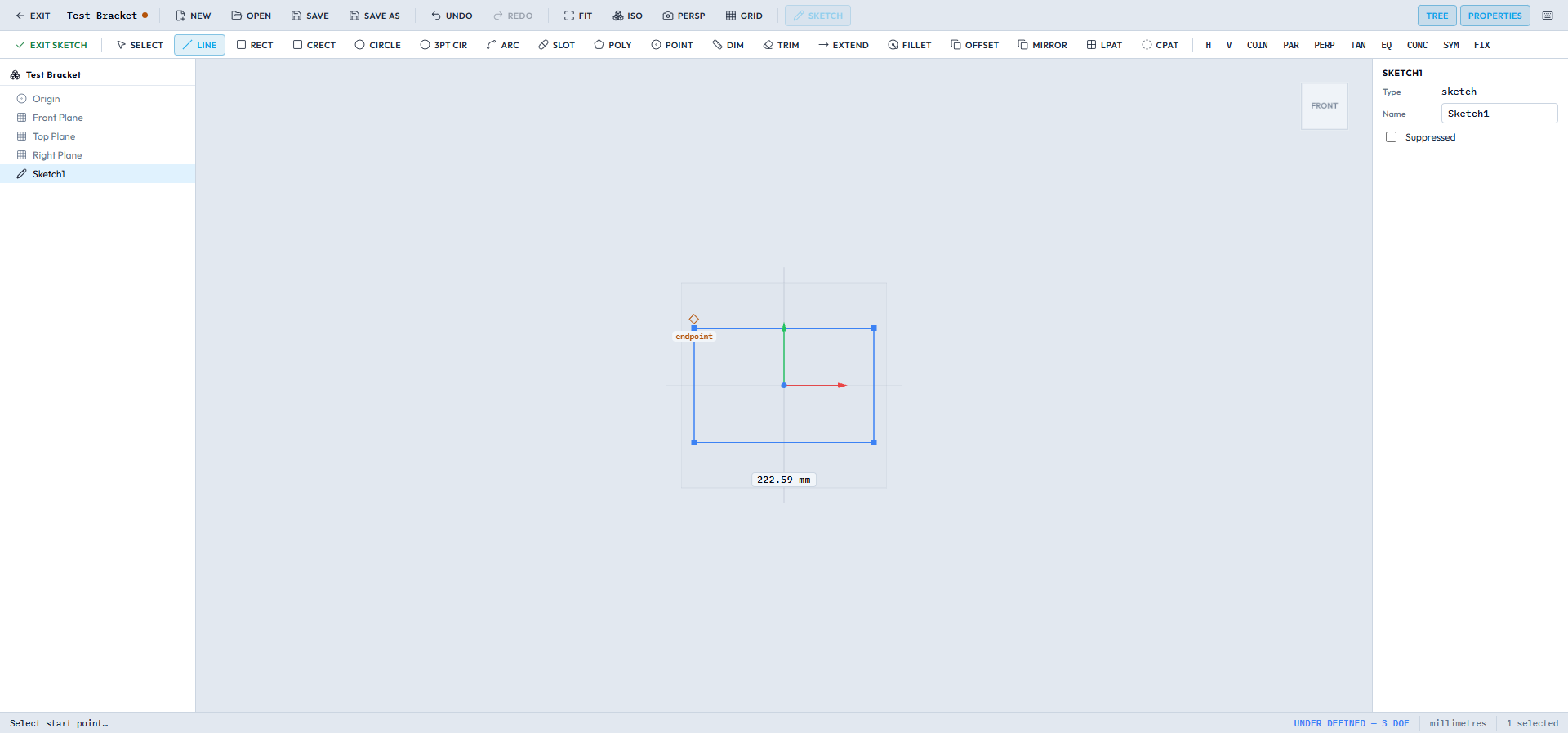 Constrained sketch mode with dimension and degrees-of-freedom readout